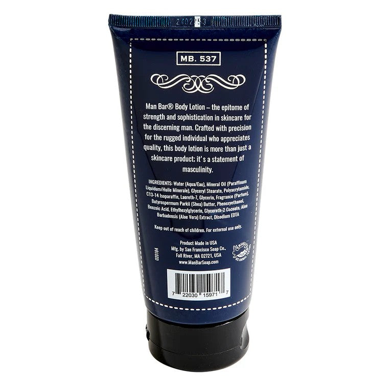 Back of a Man Bar body lotion tube with ingredient list and description.