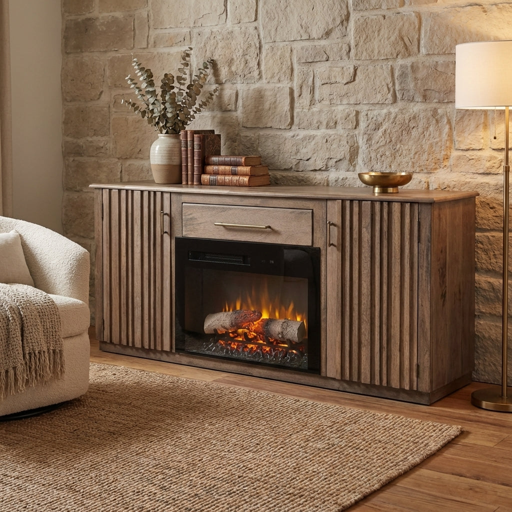 Wooden cabinet with built-in electric fireplace.