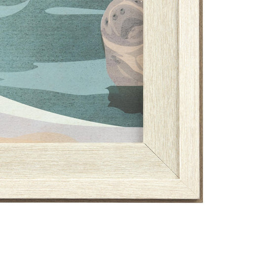 Framed pastel abstract art with sea waves and rock details.