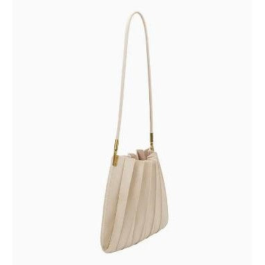 Cream pleated handbag with a long strap and gold accents.