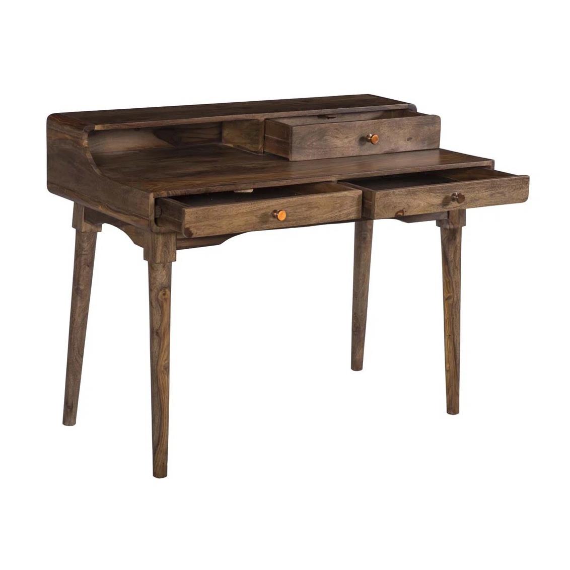 Wooden writing desk with three drawers and slender legs.