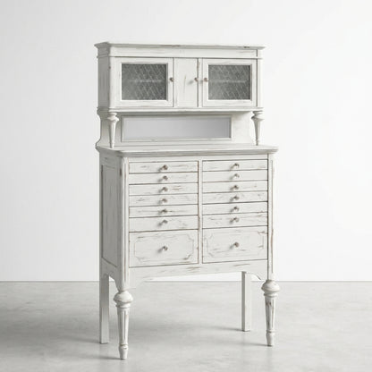 Vintage white distressed cabinet with glass doors and multiple drawers.