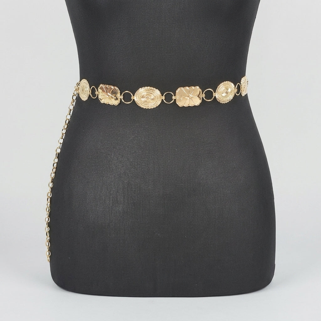 Gold chain belt on a black mannequin.