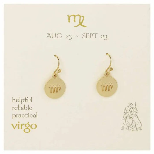 Gold Virgo symbol earrings on a zodiac-themed card.