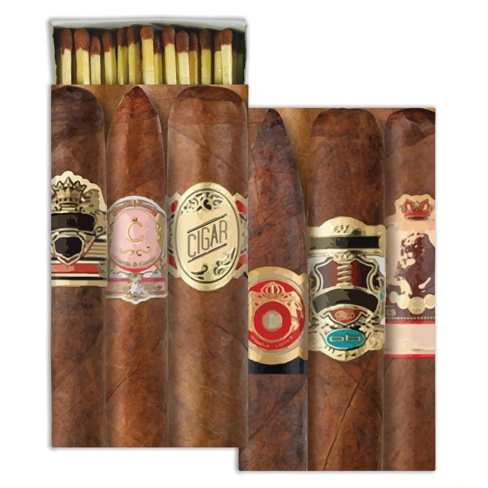 Five cigars with decorative labels beside a pack of matches.