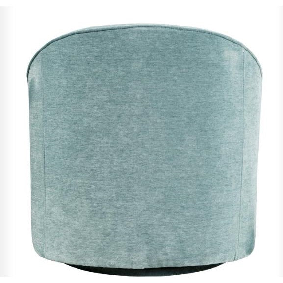 Light blue, round, upholstered chair from the back.