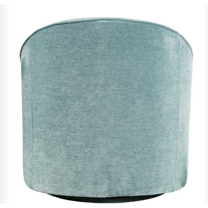 Light blue, round, upholstered chair from the back.