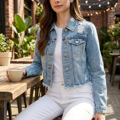 Woman in denim jacket holds coffee at outdoor cafe.