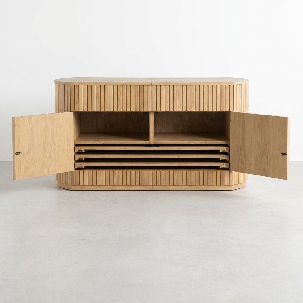 Wooden cabinet with open doors and interior shelves.