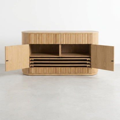 Wooden cabinet with open doors and interior shelves.