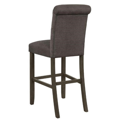 Dark gray bar stool with wooden legs and upholstered seat.