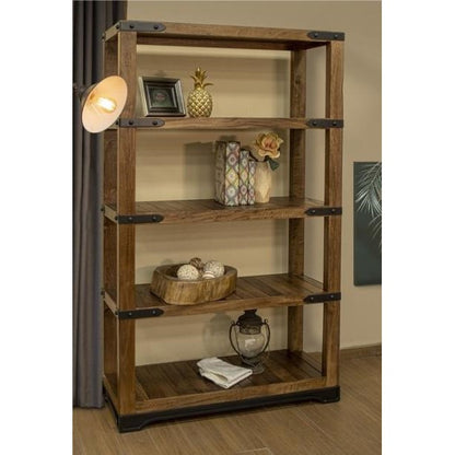 Wooden shelf with decorative items and a corner lamp.