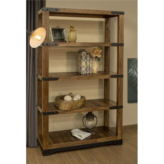 Wooden shelf with decorative items and a corner lamp.
