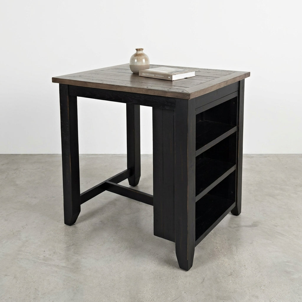 Square wooden table with side shelves and a light brown top.