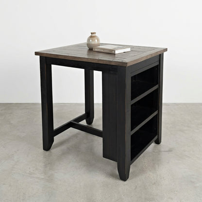Square wooden table with side shelves and a light brown top.