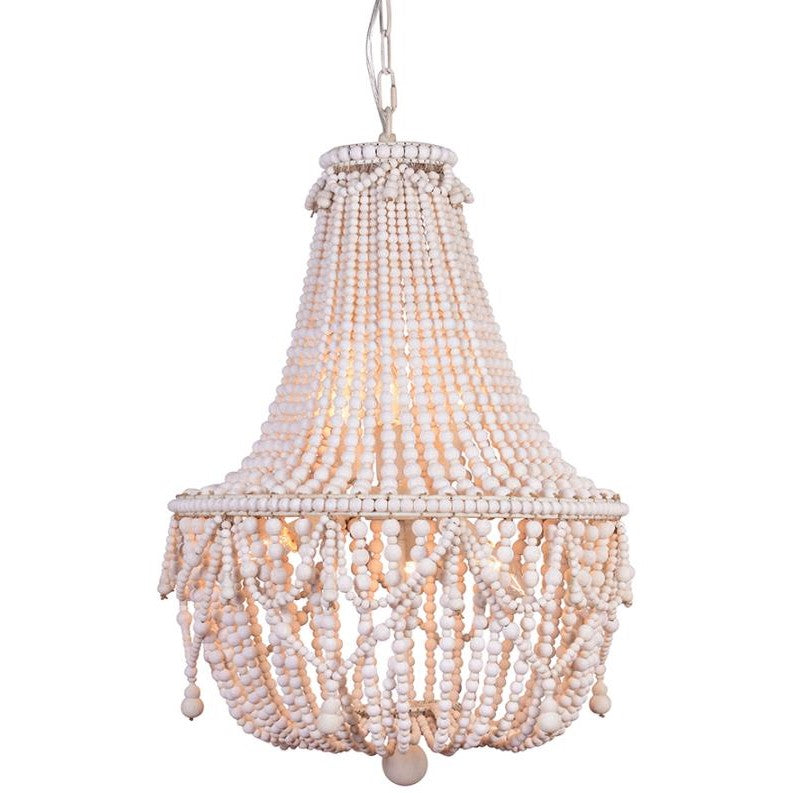 Boho-style beaded chandelier with soft lighting.