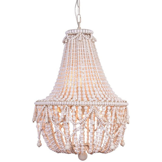 Boho-style beaded chandelier with soft lighting.