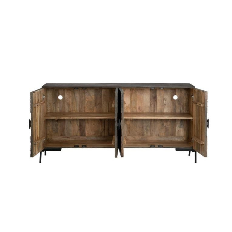 Open wooden cabinet with two shelves and black legs.