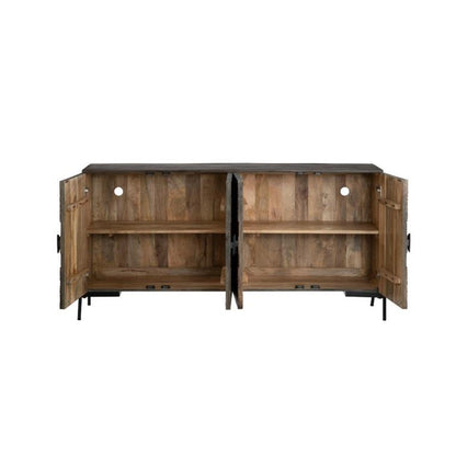 Open wooden cabinet with two shelves and black legs.