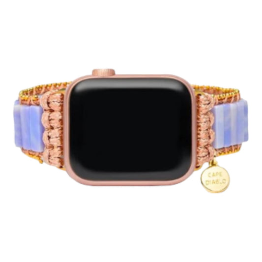 Smartwatch with a rose gold case and a beaded bracelet strap.