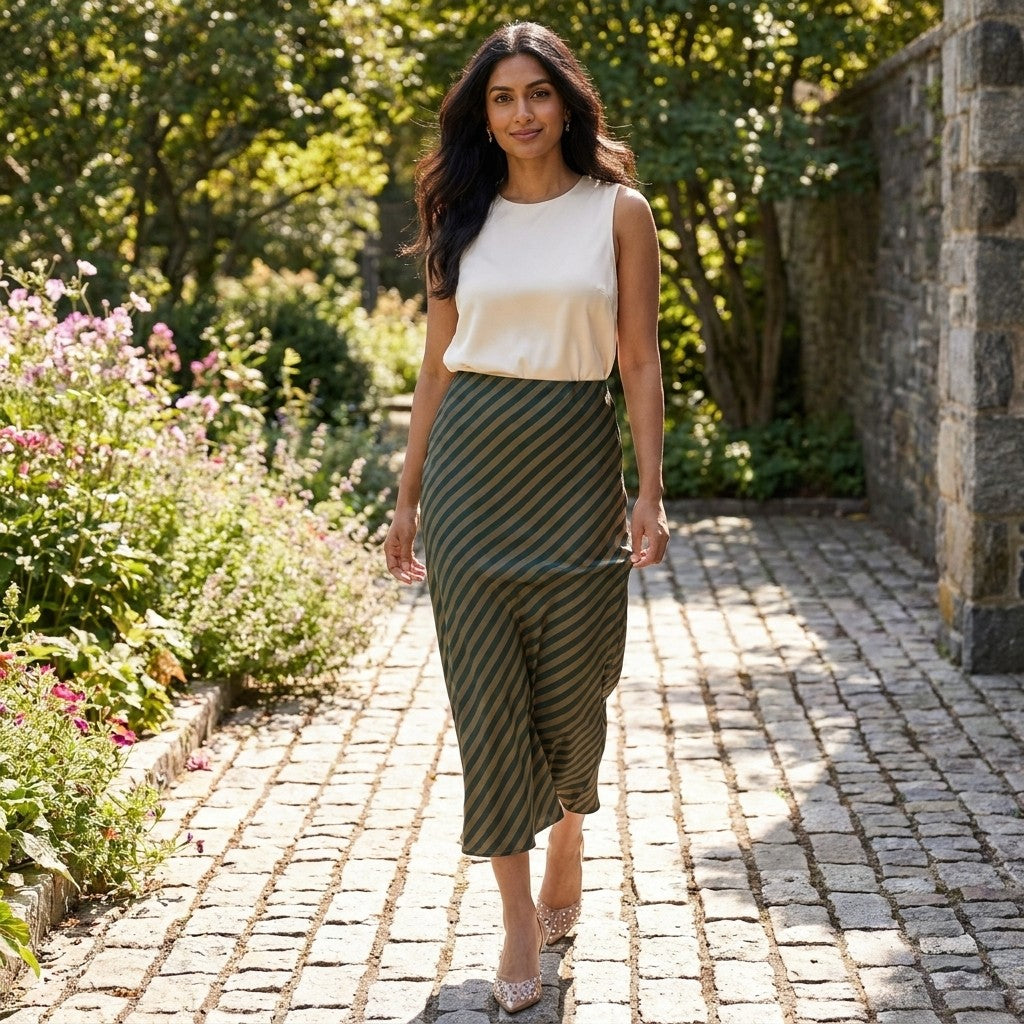 A woman in a white top and striped skirt walks along a sunlit garden path.