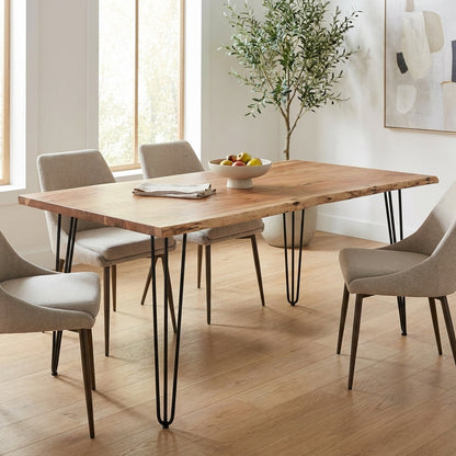 Wooden table with black metal hairpin legs.