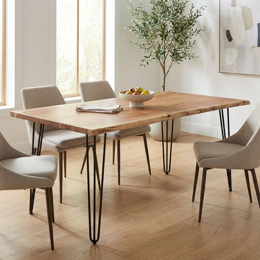 Wooden table with black metal hairpin legs.