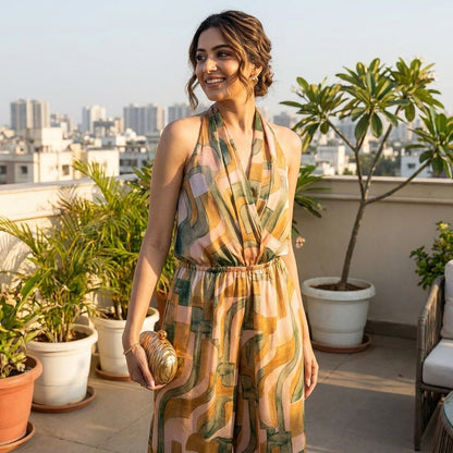 Smiling woman in patterned dress on sunny rooftop with greenery and city view.
