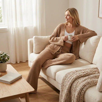 Cozy woman on a cream sofa with a mug, wearing a matching knit set.