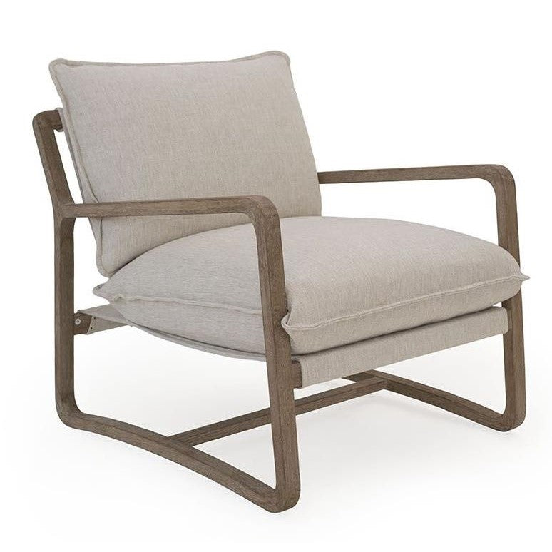 Beige cushioned wooden armchair with a modern design.