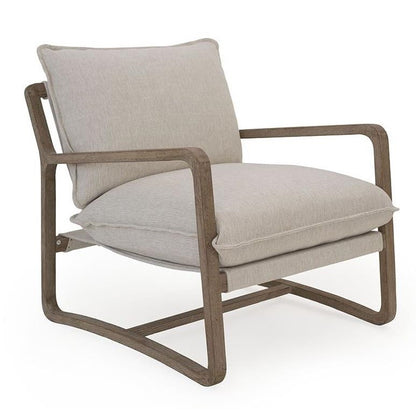 Beige cushioned wooden armchair with a modern design.