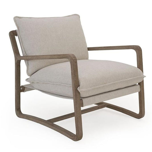 Beige cushioned wooden armchair with a modern design.