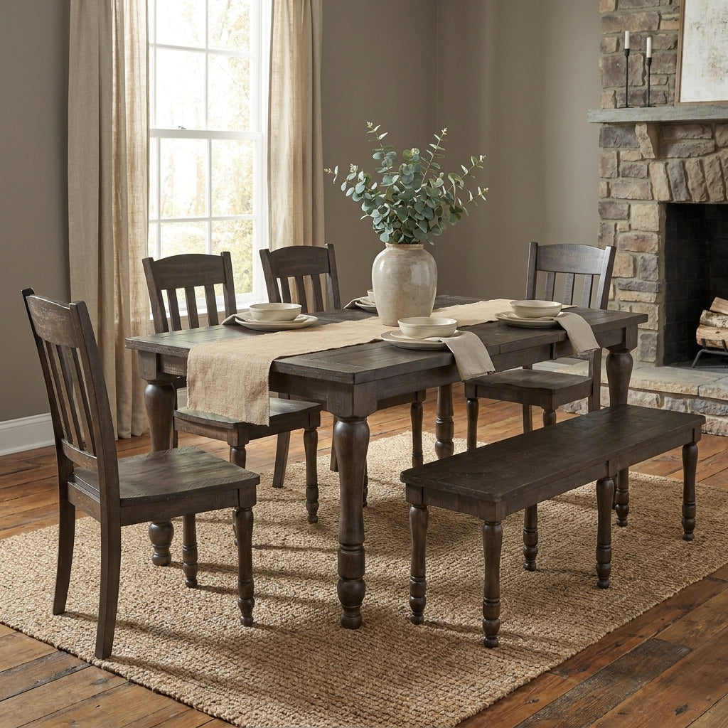 Dark wooden dining set with 4 chairs and a bench.