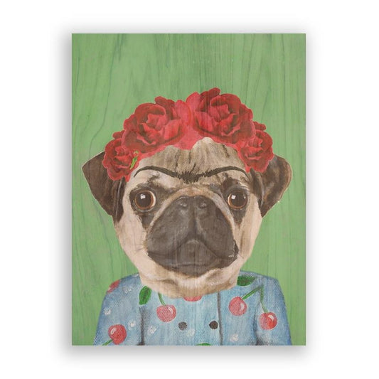 Picture of "Pug with Red Flowers" Wood Block Art Print
