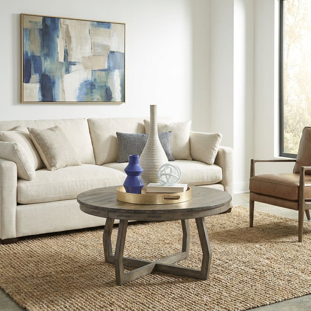 Modern living room with beige sofa, abstract art, and wooden coffee table.
