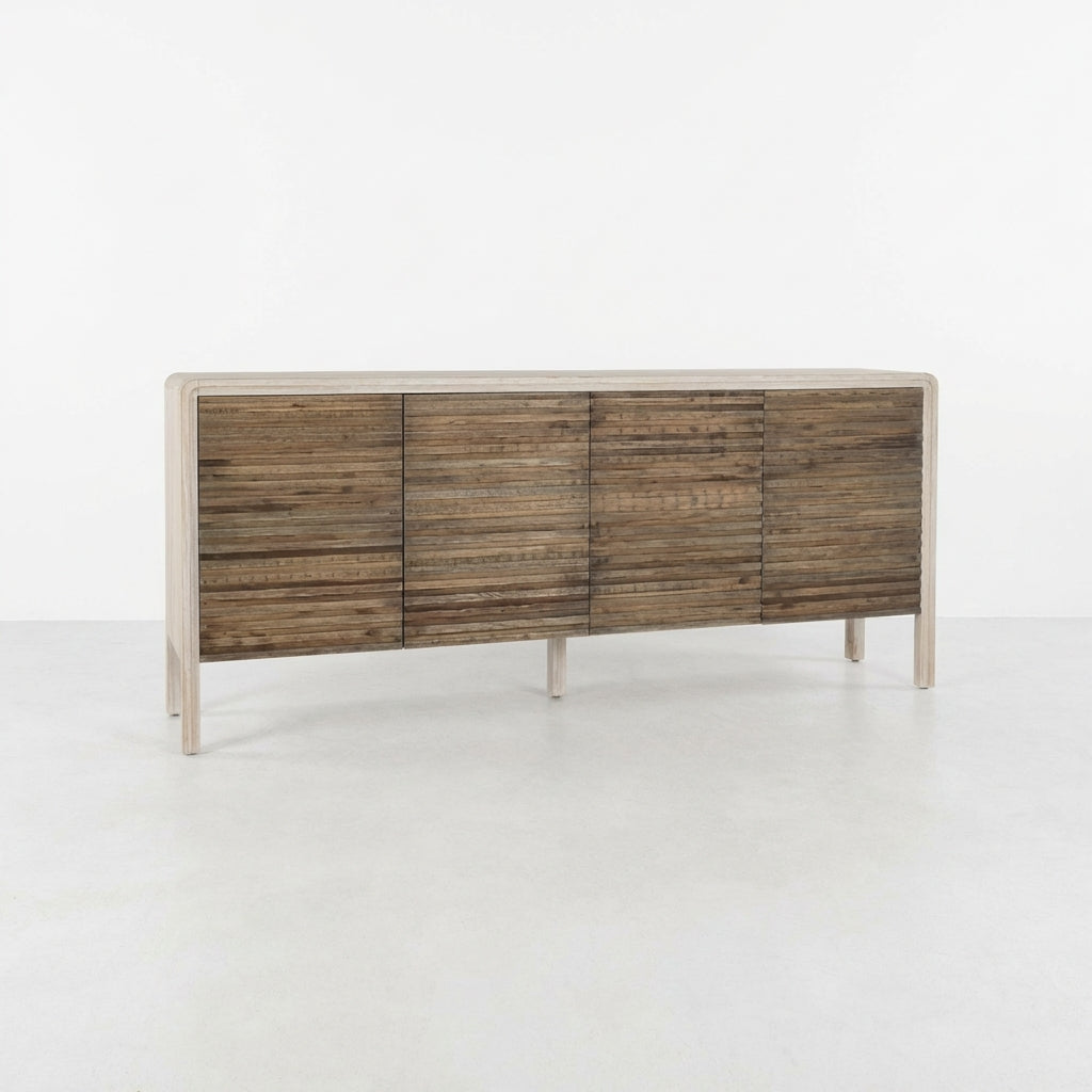 Wooden sideboard with open doors, revealing shelves inside.