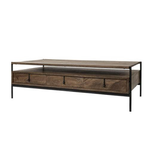 Wooden coffee table with metal frame and drawers.