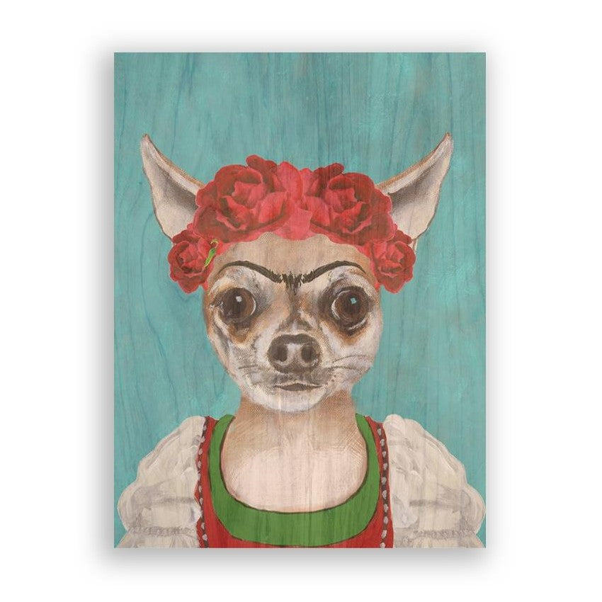 Picture of "Chihuahua with Red Flowers" Wood Block Art Print