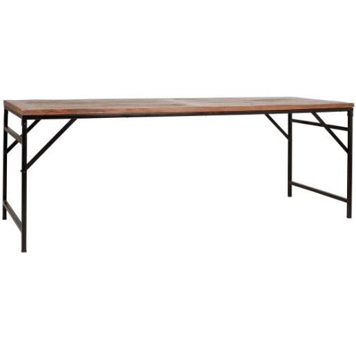 Wooden table with black metal legs, clean minimalist design.