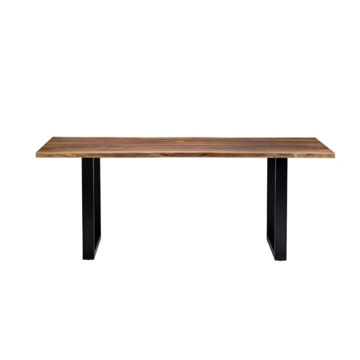 Wooden table with black metal legs, minimalist design.