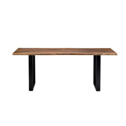 Wooden table with black metal legs, minimalist design.