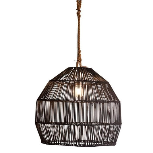 Rattan pendant light with a single bulb, hanging from a twisted rope.
