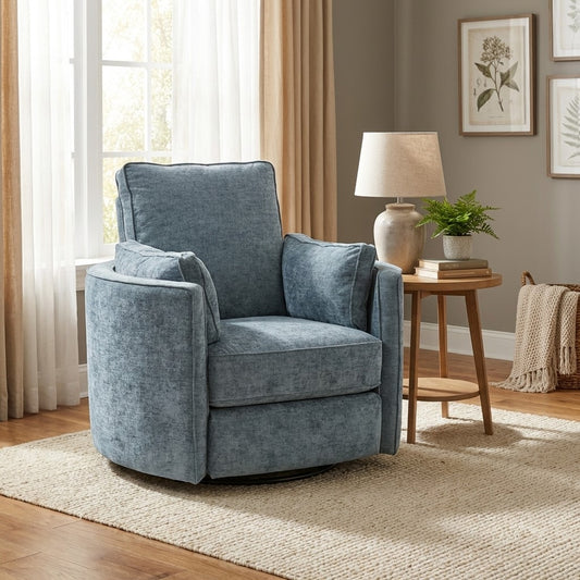 Cozy room with a blue armchair, side table, lamp, and wall art.