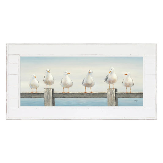 Six seagulls perched on a wooden beam, serene seascape painting.