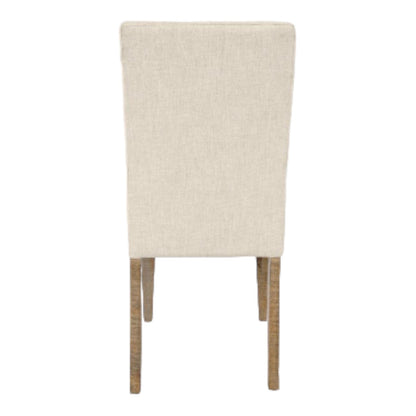 Beige fabric chair with wooden legs, viewed from the back.