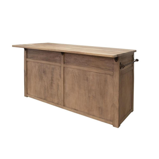 Wooden bar counter with a foldable top and metal towel rack.