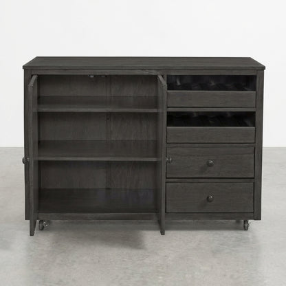 Dark wood cabinet with shelves, wine rack, and drawers.