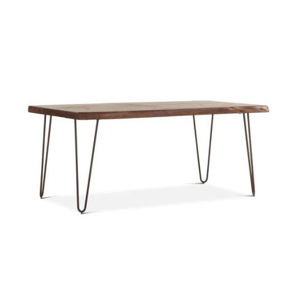 Wooden table with metal hairpin legs.