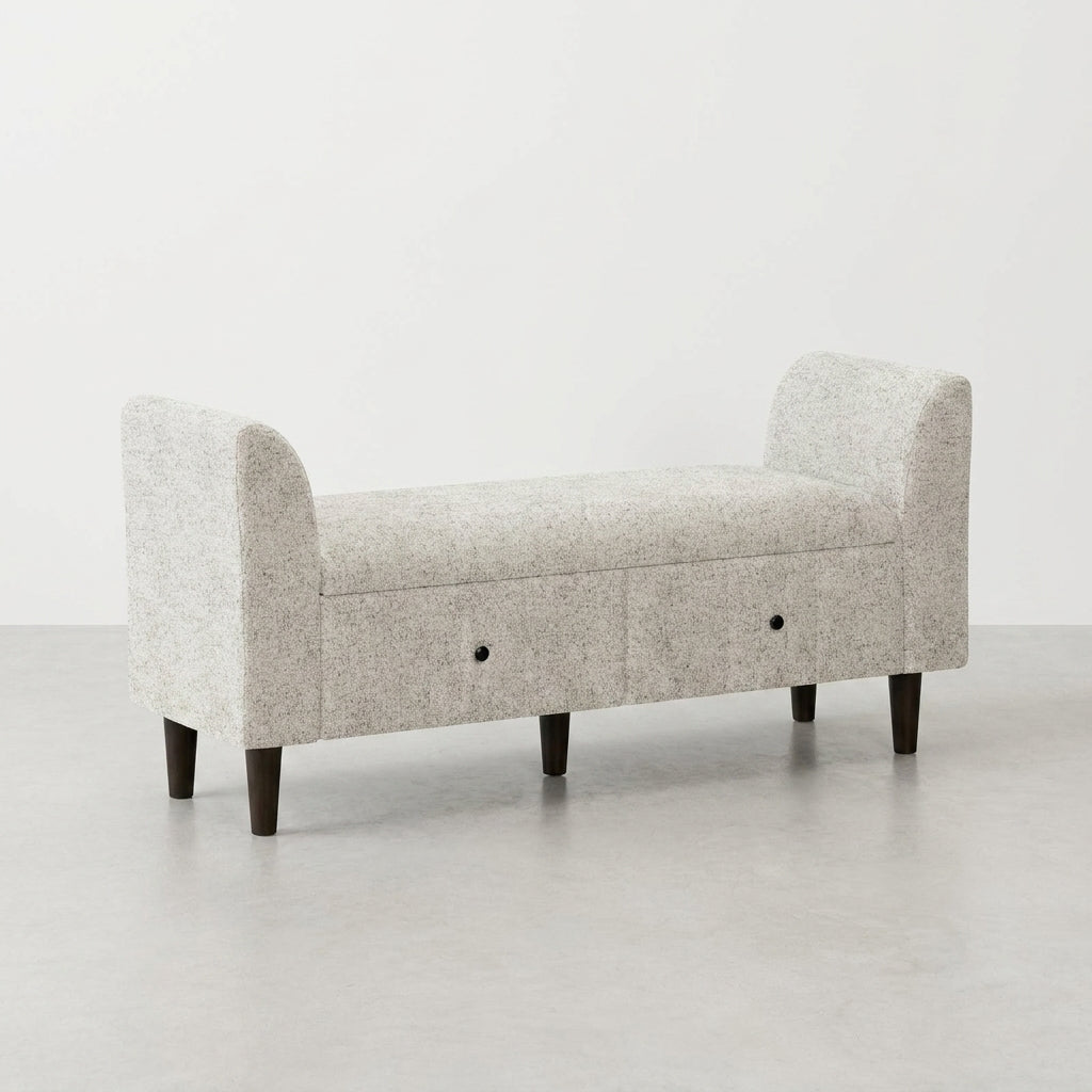 Gray storage bench with two open drawers and rounded armrests.