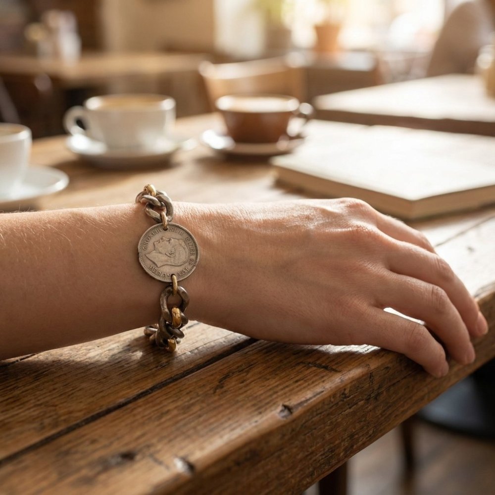 A hand wearing a coin charm bracelet rests on a wooden café table beside cups and a book.